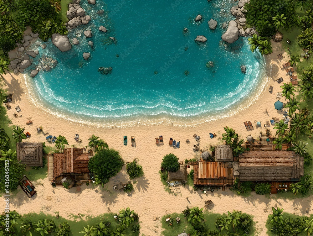 Fototapeta premium A tranquil tropical beach cove with turquoise water, white sand, palm trees, and rustic beach huts offers a relaxing vacation getaway.