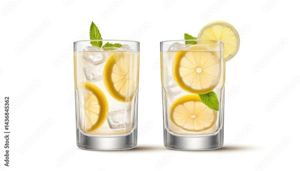 A cold glass of lemonade with a slice of fresh citrus fruit and ice, a refreshing summer beverage A cold glass of lemonade with a slice of fresh citrus fruit and ice, a refreshing summer beverage