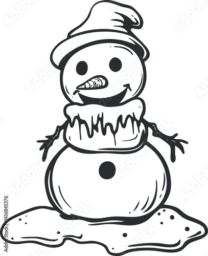 Black and white outline of a melting snowman wearing a hat with a carrot nose and stick arms
