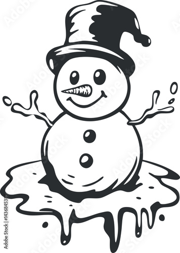 Black and white cartoon illustration of a melting snowman wearing a hat and smiling with stick arms raised.