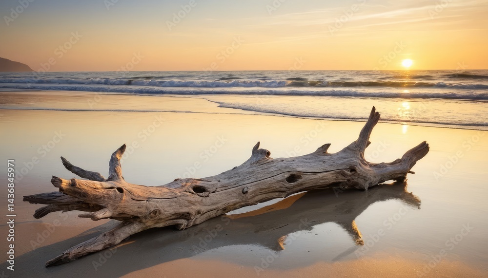 Tree trunks stranded on the shore and golden light coloring the sea and sand as the sun sets on the horizon of the beach Tree trunks stranded on the shore and golden light coloring the sea and sand as the sun sets on the horizon of the beach