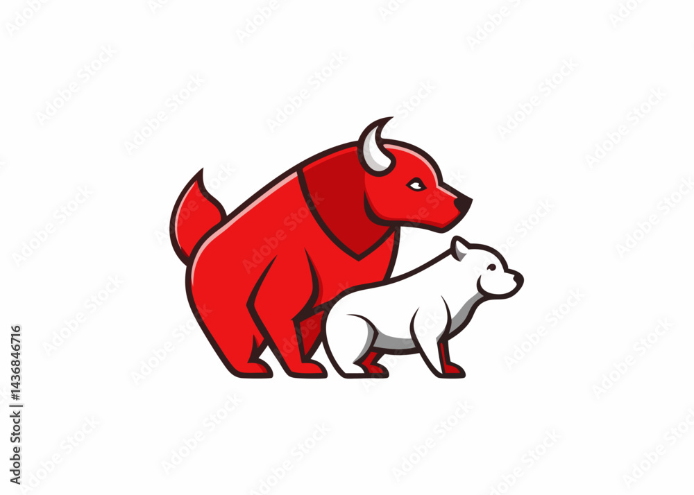 Bull and Bear Market: A bold graphic representation of the bullish and bearish market trends. A stylized red bull stands assertively alongside a white bear. Bull and Bear Market: A bold graphic representation of the bullish and bearish market trends. A stylized red bull stands assertively alongside a white bear.