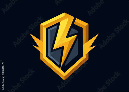 Electric Emblem: A dynamic visual emblem that captures the essence of energy, protection, and strength, featuring a striking lightning bolt within a bold, gold-framed shield.