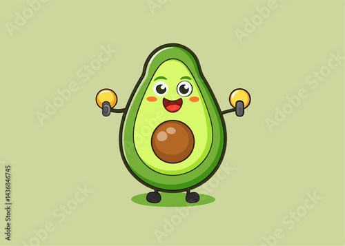 Avocado Fitness Champion: A cheerful cartoon avocado, radiating vitality and positivity, confidently lifts dumbbells, ready for a fulfilling workout. Embodying the essence of wellness, health.