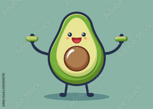 Avocado Fitness: A cheerful avocado, complete with arms and legs, lifts two avocado halves, representing a healthy lifestyle and dedication to fitness, all while maintaining a charming grin.