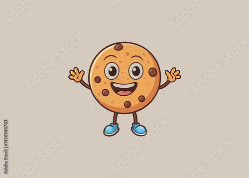 Happy cookie character: A cheerful cookie character with a big smile, chocolate chips, and outstretched arms welcomes you with warmth and sweetness.