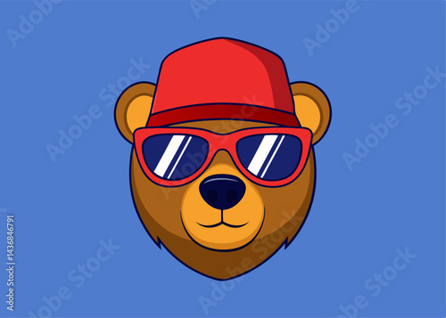 Cool Bear Illustration: A stylized, charming bear donning a fashionable red hat and trendy sunglasses. This playful illustration exudes a sense of fun and coolness. 