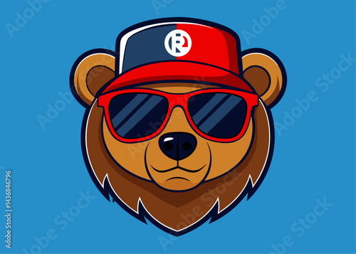 Cool Bear's Stylish Expression: A friendly bear with stylish sunglasses and a fashionable cap, exudes confidence and playful charm, a symbol of modern appeal and urban flair.