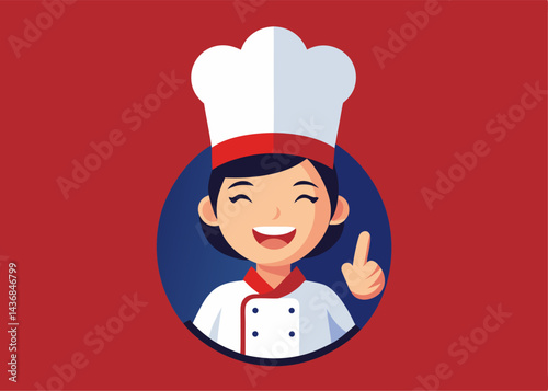 Cheerful Chef: A welcoming chef, attired in classic attire, offers a friendly gesture, set against a clean backdrop. conveying warmth and culinary expertise.