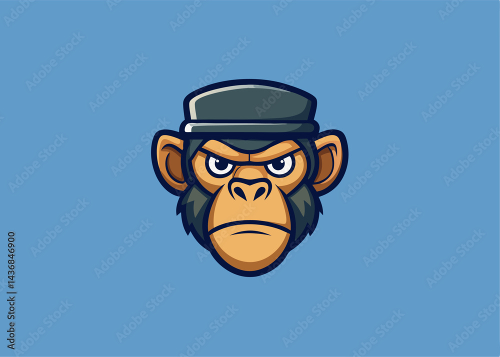 Obraz premium Chimpanzee with Hat: A stylized illustration of a chimpanzee head with a cap, conveying a sense of mischievous personality and cool demeanor. The contrasting blue backdrop adds a vibrant touch. 