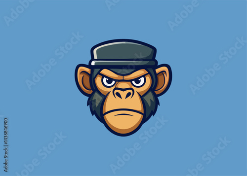 Chimpanzee with Hat: A stylized illustration of a chimpanzee head with a cap, conveying a sense of mischievous personality and cool demeanor. The contrasting blue backdrop adds a vibrant touch. 