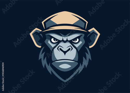 Chimpanzee Mascot: A fierce chimpanzee wearing a cap, its intense gaze capturing the spirit of a team or brand. The graphic design style is bold and stylized, suitable for sports, gaming.
