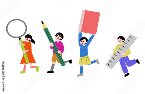 文房具やタブレットを持った小学生たちのイラスト