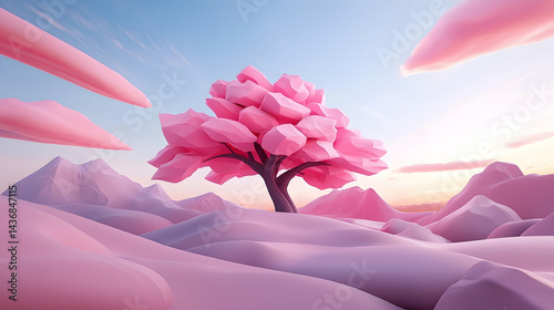 Pink Low Poly Tree in Surreal Rocky Valley at Sunset
