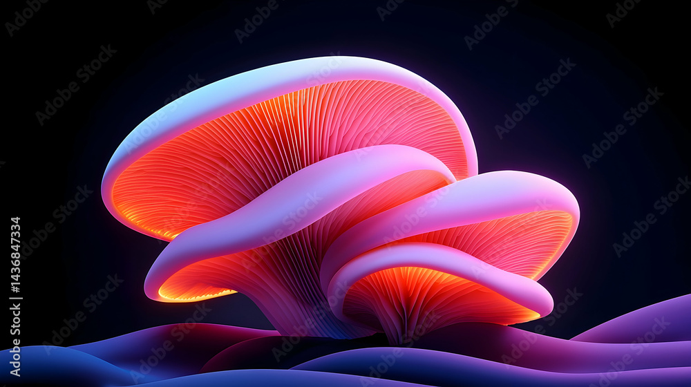 Fototapeta premium Glowing Pink and Orange Futuristic Mushrooms in a Surreal Dark Landscape