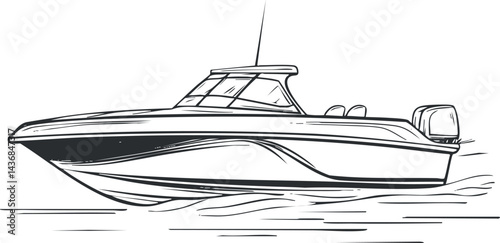 Black and white sketch of a fast motorboat cruising on water with outboard engine