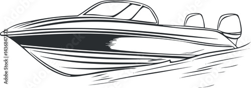 Black and white illustration of a speedboat with outboard motors moving on water surface