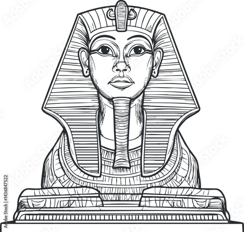 Detailed black and white illustration of an ancient Egyptian pharaoh statue with traditional headdress and ceremonial beard.