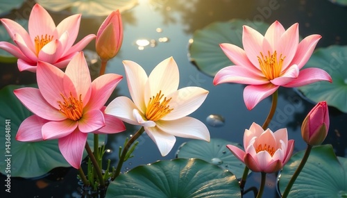 Delicate, intertwined lilies in a rhythmic, all-over design, soft, elegant, print
