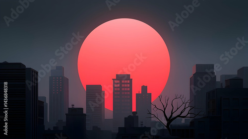 Pixel Art City Sunset: Red Sun Silhouette Over Dark Cityscape