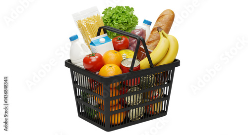 A shopping basket filled with a variety of groceries and food items inside it on transparent background