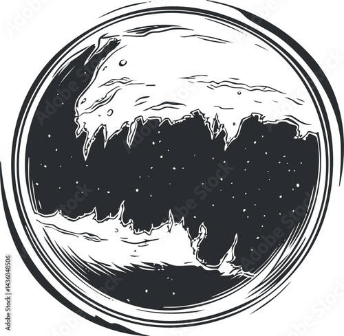 Abstract black and white illustration of a celestial planet or orb surrounded by stars in space