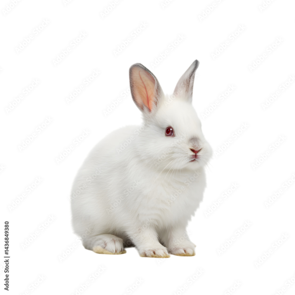 Isolated full shot of a fluffy white rabbit sitting with red eyes looking forward on transparent background Isolated full shot of a fluffy white rabbit sitting with red eyes looking forward on transparent background