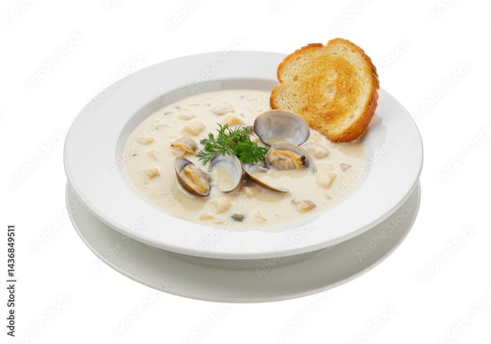 Delicious clam chowder soup recipe with bread food photography