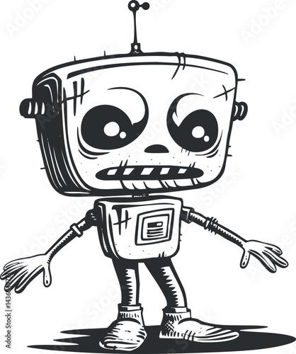 Cartoon style black and white illustration of a retro robot character with large eyes and antenna
