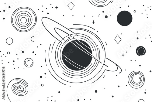 Black and white abstract illustration of a ringed planet surrounded by celestial bodies and stars in space