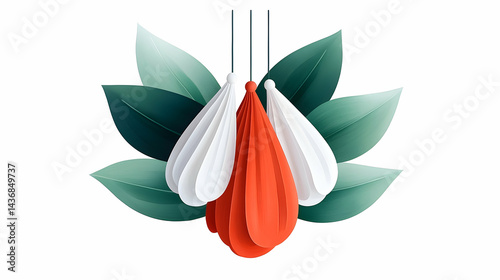 Red and White Martisor Tassels with Green Leaves Illustration