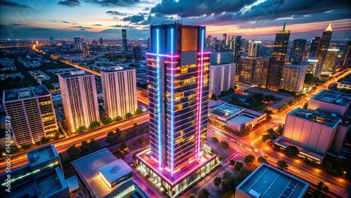 Aerial View of Modern Hotel with Vertical Neon Sign - Night Photography