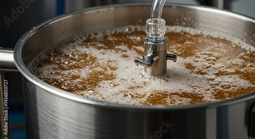 A close-up of a bubbling fermenter with visible CO2 output tube
