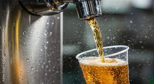 A soft drink dispenser releasing fizzy soda into a cup
