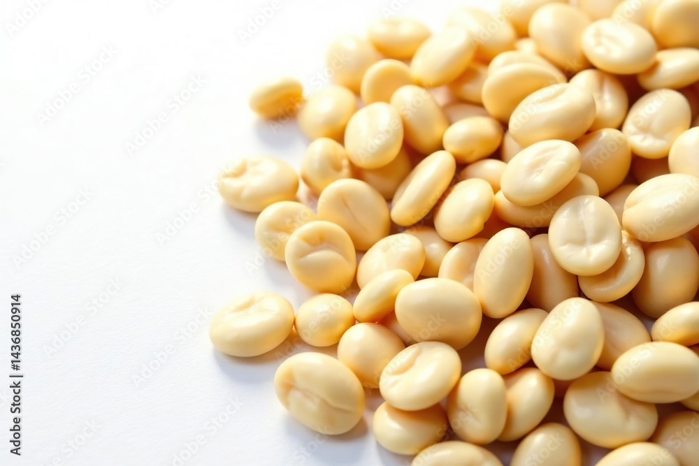 Close-up of dry white beans on white background, harvest, organic