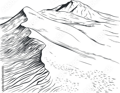 Black and white sketch of a mountainous landscape featuring ridges and peaks under a clear sky