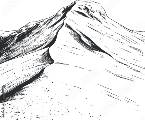 Black and white line art illustration of a mountain peak with rocky ridges and steep slopes