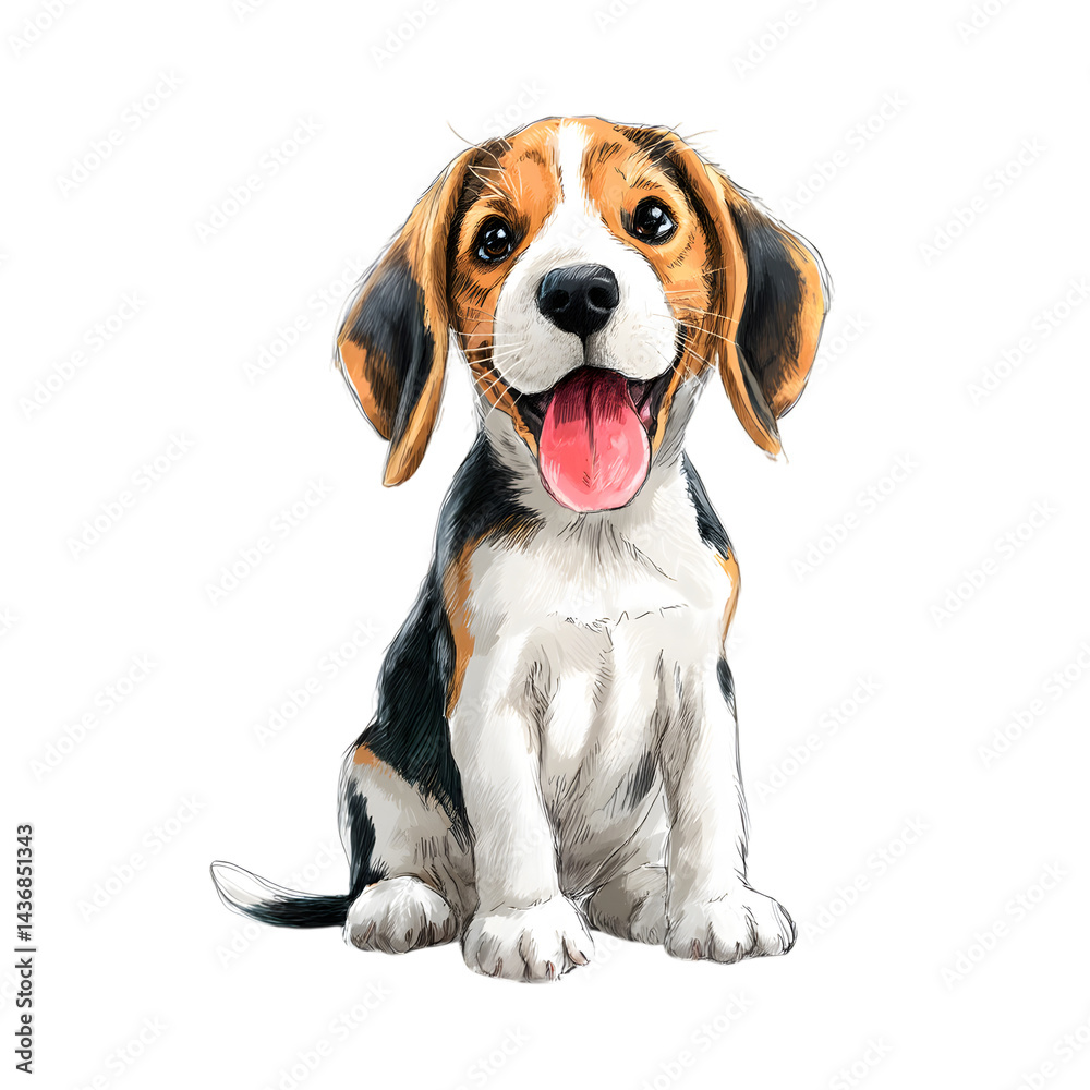 Watercolor illustration of a happy beagle puppy sitting with tongue out cute pet on transparent background Watercolor illustration of a happy beagle puppy sitting with tongue out cute pet on transparent background