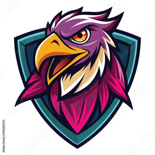 Fierce bird head emblem, vibrant colors on shield