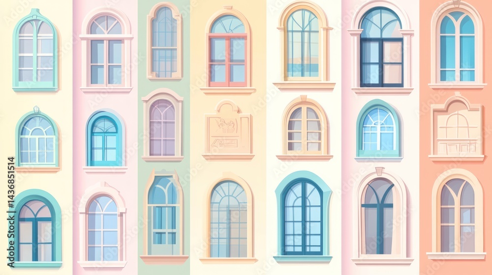 Obraz premium Colorful arched windows, building facade, pastel, design