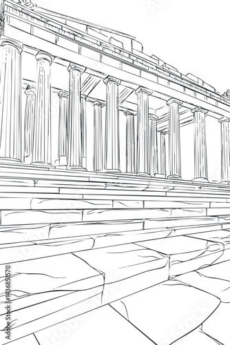 Detailed line drawing of ancient stone steps and columns of a classical architectural structure