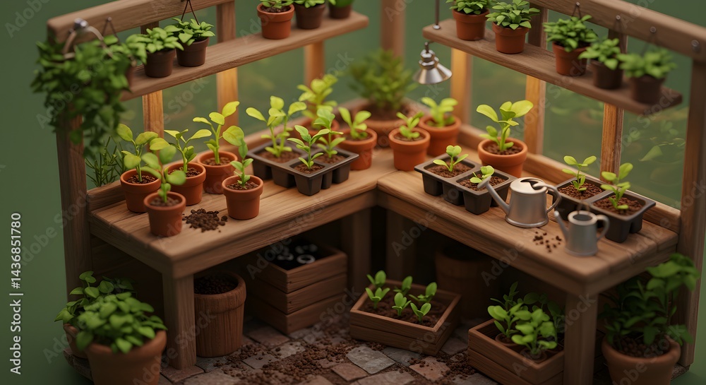 Fototapeta premium Charming Miniature Greenhouse with Assorted Plants and Gardening Tools