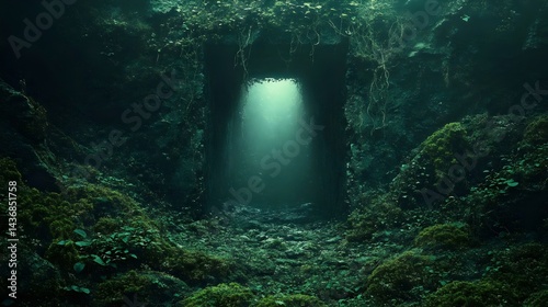A mystical cave entrance glows invitingly amidst verdant moss and shaded rock formations.