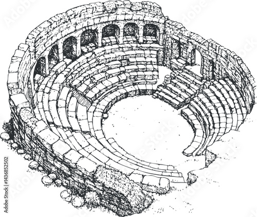 Black and white sketch of an ancient stone amphitheater with circular seating and arches