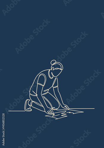 Person Drawing on Ground with Chalk in Minimalist Style. Outdoor creativity, simple line art, playful activity, childhood nostalgia, urban art concept