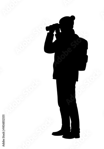 Person Holding Binoculars Gazing into Distance in Silhouette. Explorer observation, adventure moment, far-looking activity, isolated vector illustration, minimalist outdoor scene