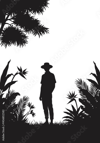 Person in a Tropical Garden Standing Quietly in Silhouette. Peaceful nature scene, lush foliage background, contemplative moment, exotic environment, meditative outdoor atmosphere  