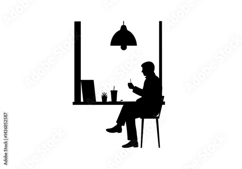 Person Sitting at Cafe Window Enjoying Drink Against Minimalist Background. Urban relaxation moment, coffee break scene, leisure time, simple pleasure, contemporary lifestyle
