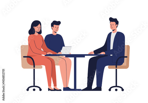 Couple Meeting Counselor for Discussion in Modern Office. Relationship therapy session, professional consultation, marital guidance, psychological support, family counseling concept