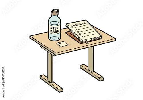 Gratitude List on Wooden Table with 'Self-Care' Water Bottle. Mindfulness practice, wellness routine, daily reflection, mental health awareness, positive psychology tools